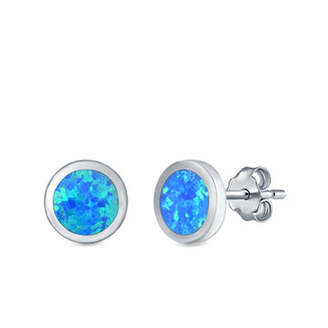 Round Stud Earrings Lab Created Blue Opal 925 Sterling Silver (7.5mm)
